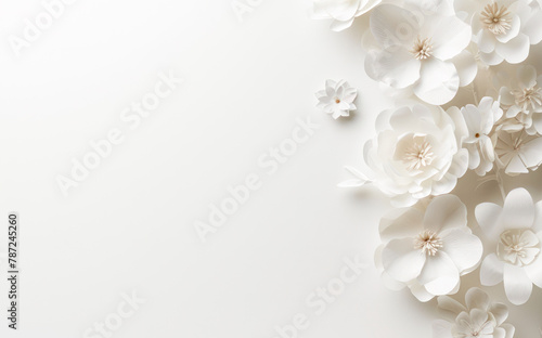 Floral luxury wedding flower elements on white background  frame. Abstract 3D illustration with white flowers. Trendy fashionable creative composition for invitation  brochure  greeting card  textile