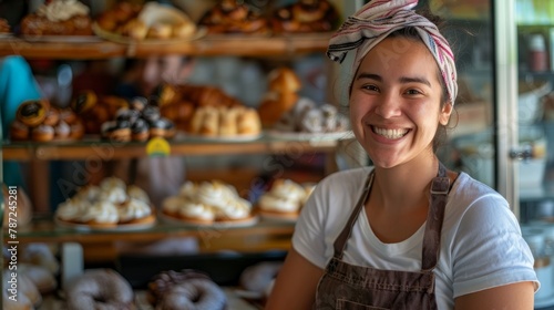 A woman proudly stands in front of a display of freshly baked donuts in a small pastry shop