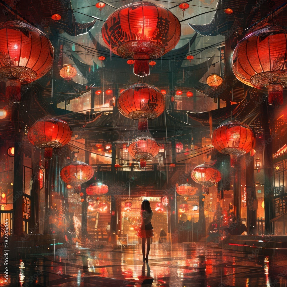 In the cyberpunk style, there is an ancient woman wearing red traditional standing in front of many lanterns hanging on both sides of the room.