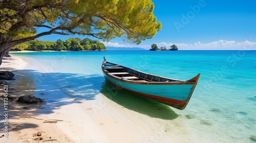 Wooden boat on a tropical beach with white sand and crystal clear blue water