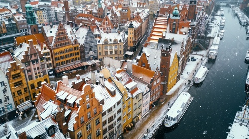 Aerial view of the beautiful main city in Gdansk at winter, Poland