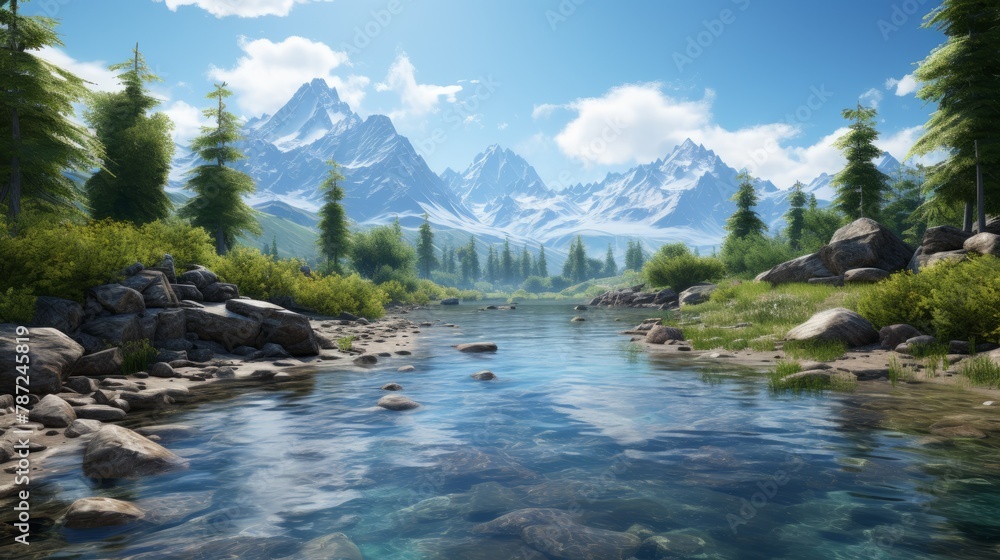 Mountains, river and trees in the beautiful nature