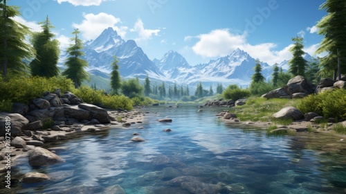 Mountains, river and trees in the beautiful nature