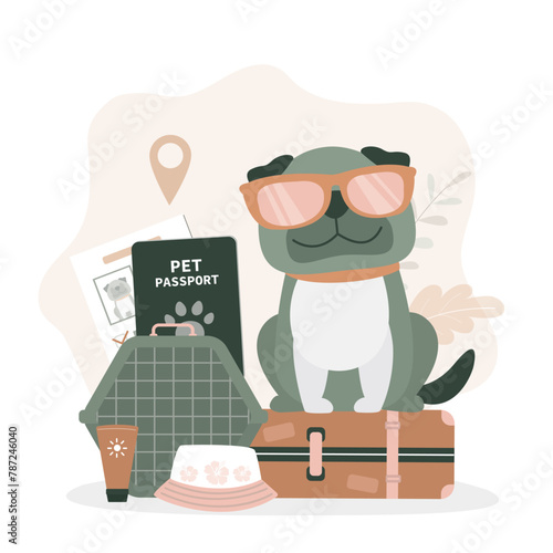 Vet passport, veterinary document that allows to travel with pet. Vet passport confirming presence of vaccinations for pet. Dog with pet carrier and document for traveling