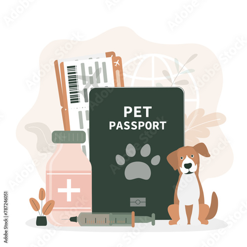 Vet passport, veterinary document that allows to travel with pet. Vet passport confirming presence of vaccinations for pet. Dog and document for traveling.