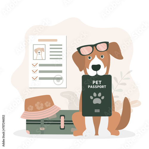 Vet passport, veterinary document that allows to travel with pet. Vet passport confirming presence of vaccinations for pet. Dog holds document for traveling.