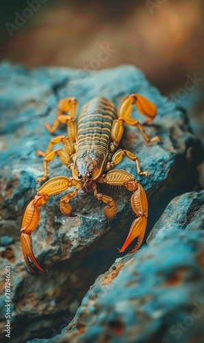Close-up of a scorpion perched on a textured rock surface, showcasing its intricate body and intense gaze
