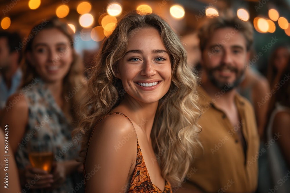 A cheerful woman with a bright smile enjoys a celebration with happy people around A cheerful woman with a bright smile enjoys a celebration with happy people around