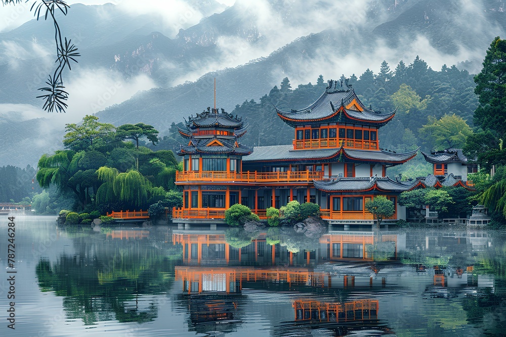 Fototapeta premium A large building sitting on top of a lake next to a forest covered hillside with clouds in the sky