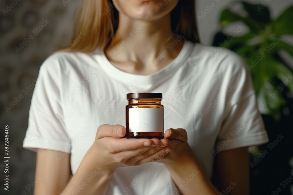 Woman holding a supplement jar with blank label Woman holding a supplement jar with blank label