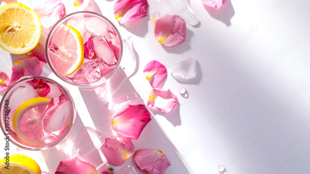 Fototapeta premium Pink rose cocktails drinks or lemonade with rose flowers and lemon on white sunny background Close up Copy space : Generative AI