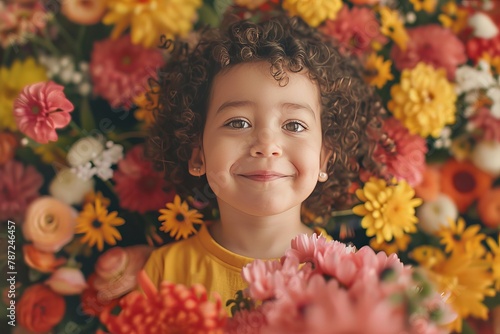 Curly-haired child surrounded by flowers