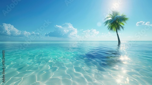 Seabed with blue tropical ocean, sunny blue sky and palm tree, empty underwater background, calm sea water. Summer beach © Ilmi