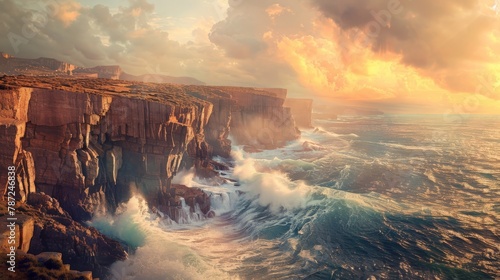 A breathtaking panoramic view of a rugged coastline with crashing waves against dramatic cliffs bathed in the warm light of sunrise.3D rendering photo