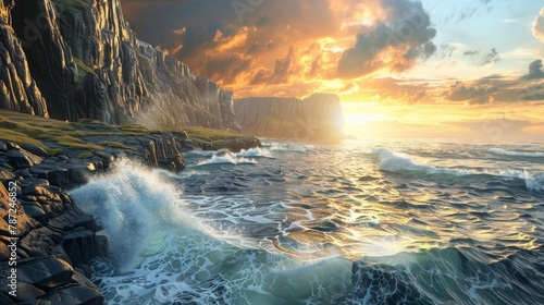 A breathtaking panoramic view of a rugged coastline with crashing waves against dramatic cliffs bathed in the warm light of sunrise.3D rendering