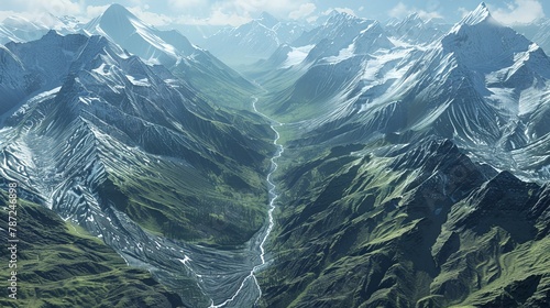 A captivating aerial view of a glacial valley carved by a winding river, surrounded by snow-capped mountains.3D rendering