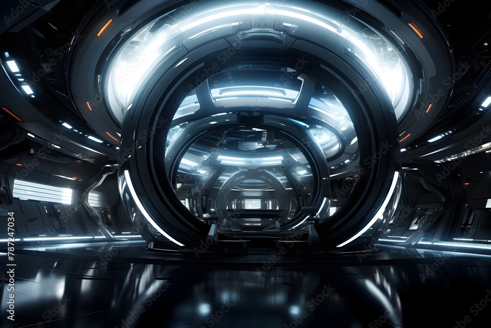 Futuristic and Immersive Spaceship Corridor in Sleek Metallic and Glass Design Futuristic and Immersive Spaceship Corridor in Sleek Metallic and Glass Design