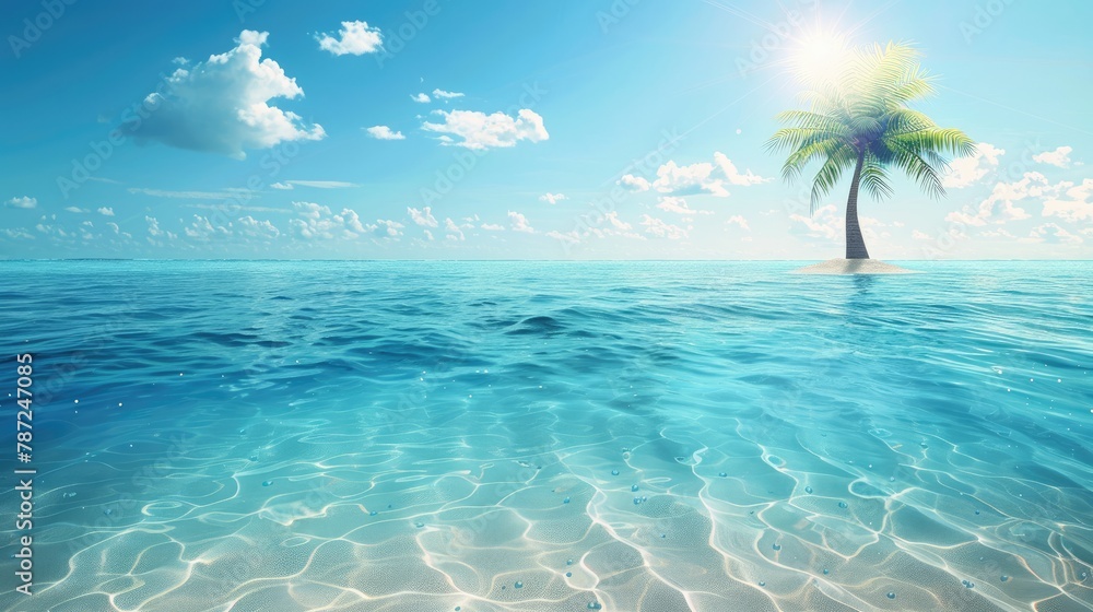 Seabed with blue tropical ocean, sunny blue sky and palm tree, empty underwater background, calm sea water. Summer beach