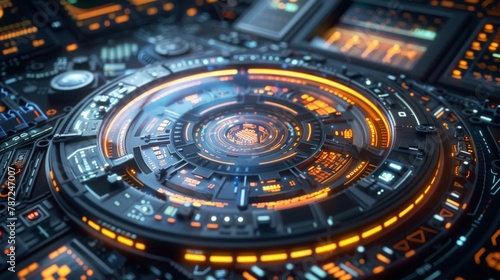 Wallpaper Mural A circular control panel with various buttons and holographic displays, representing the user interface of a complex technological system.3D rendering. Torontodigital.ca