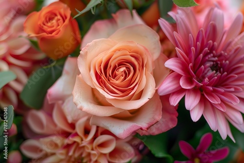 Orange roses and pink flowers close up