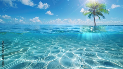 Seabed with blue tropical ocean  sunny blue sky and palm tree  empty underwater background  calm sea water. Summer beach