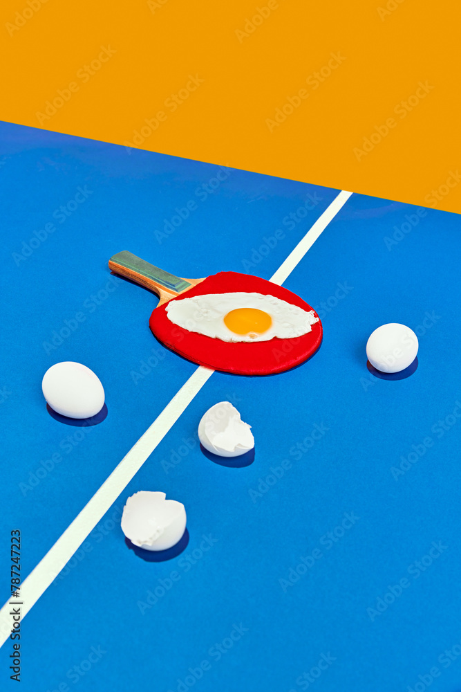 Tennis racquet with fried egg sitting on tennis table on it as on frying pan on kitchen against yellow studio background. Concept of sport, active lifestyle and healthy eating, contemporary art. Tennis racquet with fried egg sitting on tennis table on it as on frying pan on kitchen against yellow studio background. Concept of sport, active lifestyle and healthy eating, contemporary art.