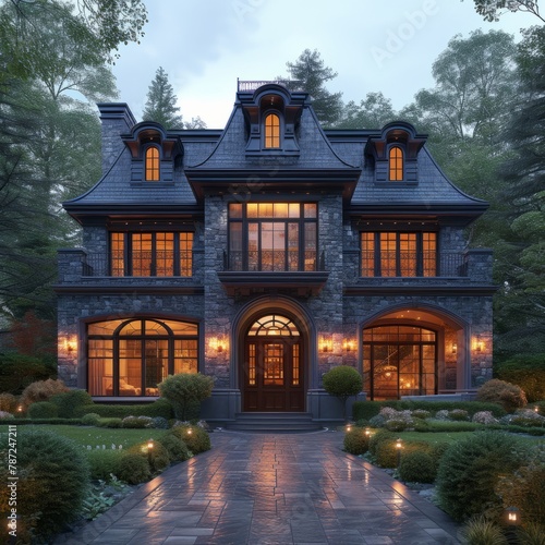 A Magnificent Two-Story Stone Exterior Home with a Slate Roof
