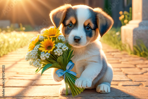 Cute touching puppy asks for forgiveness and gives flowers