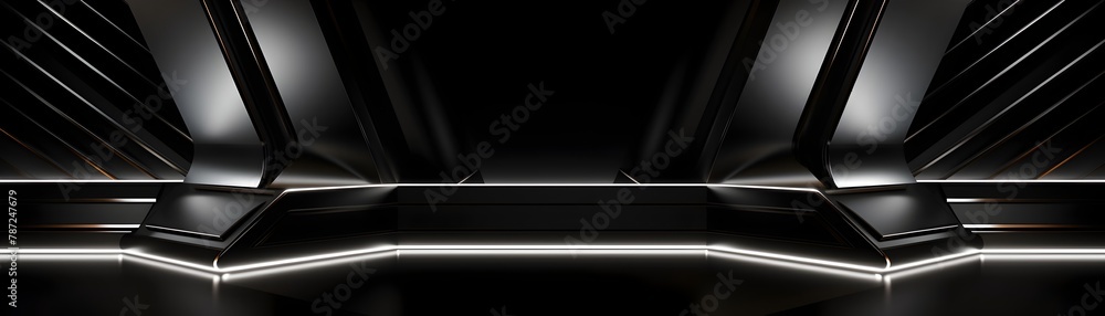 Futuristic Dark Podium and Elegant Illuminated Corridor with Sleek Geometric Reflections Futuristic Dark Podium and Elegant Illuminated Corridor with Sleek Geometric Reflections