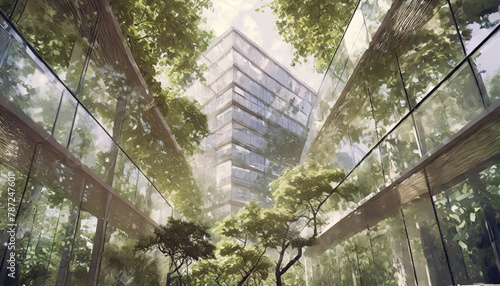 Glass business buildings with trees foreground. Real estate, property business Green economy concept