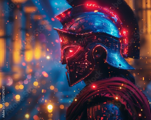 A spartan warrior with glowing red eyes stands in a futuristic city.
