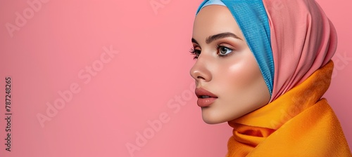 Colorful hijab photoshoot  modern modest style for trendy arab women in wide banner photo