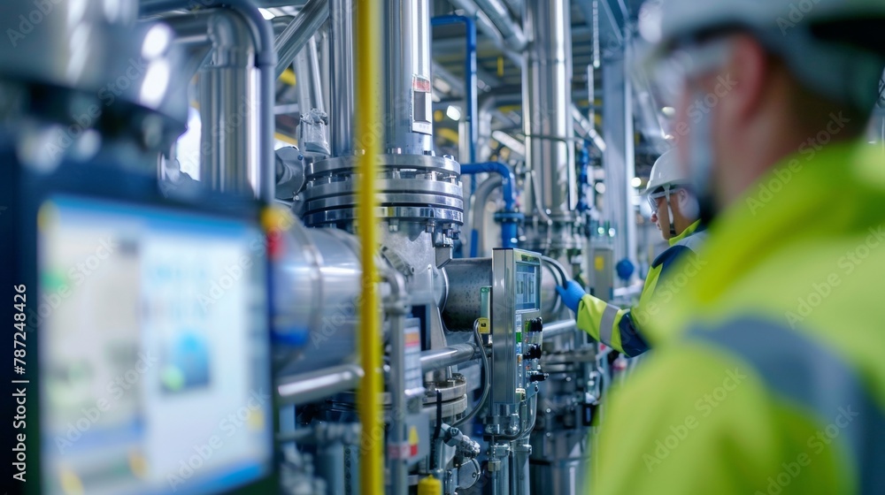 A team of engineers inspecting a biofuel plant checking the system that filters and purifies the syngas before it is converted into liquid form. Safety equipment and charts can be . A team of engineers inspecting a biofuel plant checking the system that filters and purifies the syngas before it is converted into liquid form. Safety equipment and charts can be .