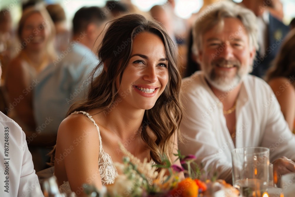 A cheerful woman with a bright smile enjoys a celebration with happy people around A cheerful woman with a bright smile enjoys a celebration with happy people around