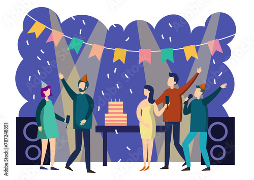 People party cartoon. Colorful flat style. Cartoon PNG illustration