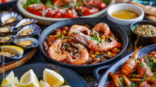 Spanish cuisine on the table with different seafood dishes, tapas, paella and fresh bread 