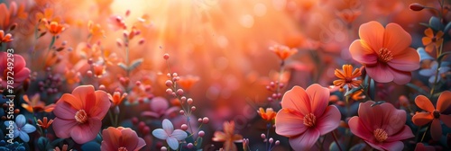 Sunset Glow Floral Abundance - Warm Mother’s Day Radiance - Bountiful Blooms - Panoramic Negative Space - Generative AI