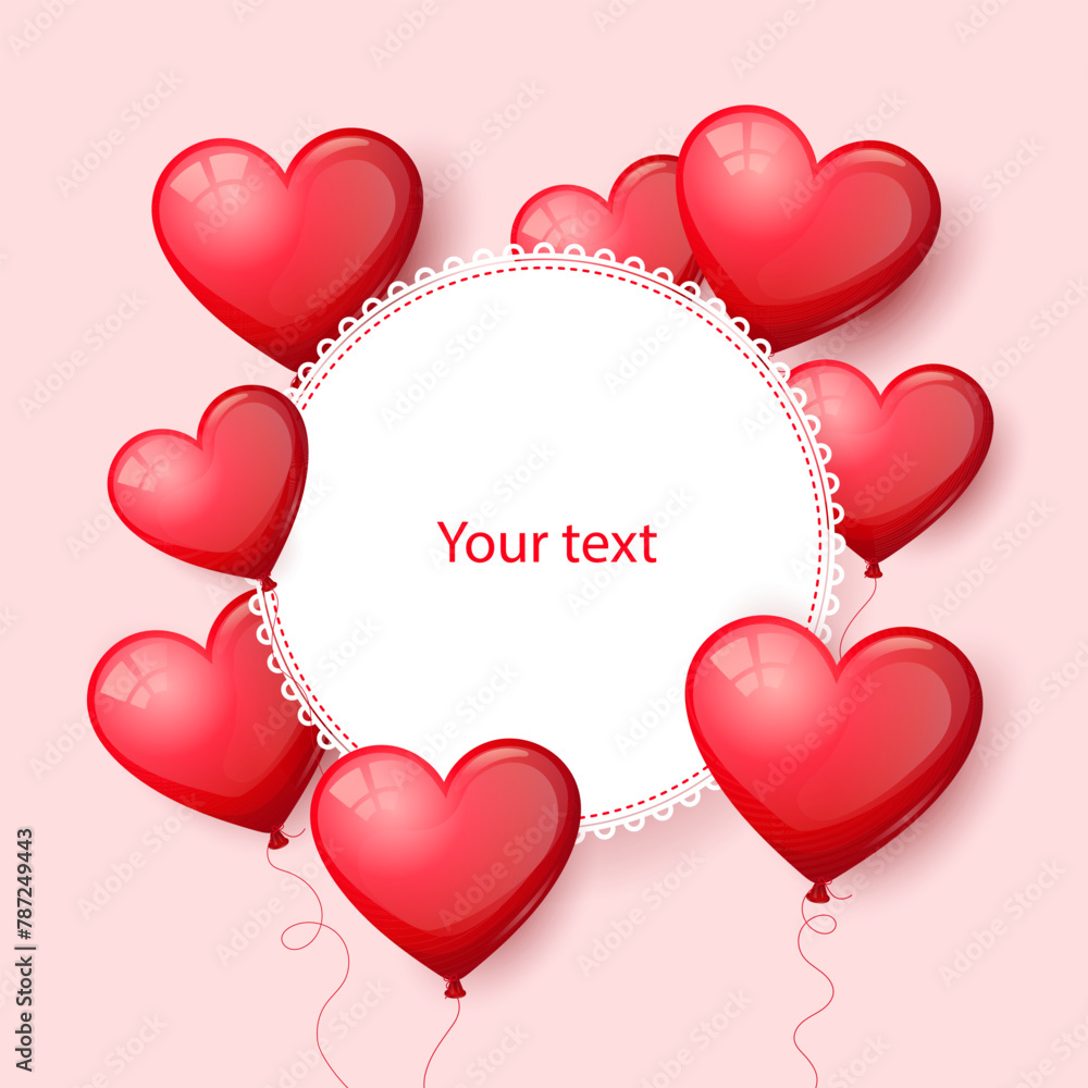 Realistic red balloon hearts with white label with space for text. Heart, love - balloons for romantic greeting card, birthday, anniversary, wedding, valentine's day, promotions and sales.