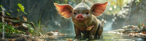 A cute cartoon pig standing in a pond and smiling photo