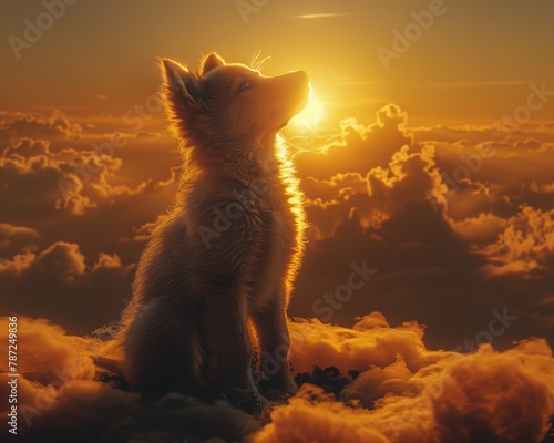 A dog sits on a cloud and looks up at the sun.