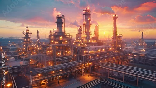 The image displays a vast oil refinery, its intricate pipe network linking various structures. Workers bustle around equipment amidst smoke plumes rising from chimneys photo