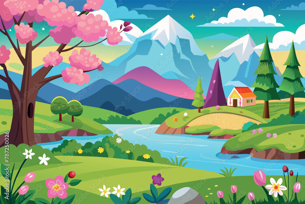 Naklejka premium Spring Landscape cartoon vector Illustration flat style artwork concept