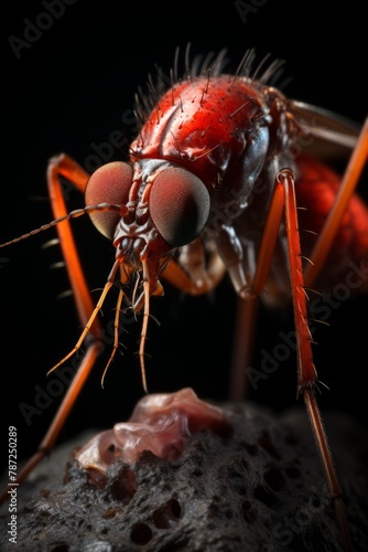 A red fly on a rock eating a piece of meat photo