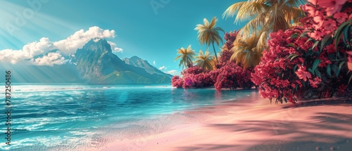 Tranquil Beachfront - Tropical Paradise with Sunlit Palms and Blooms - Island Getaway Inspiration - Generative AI