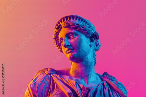 Sculpture abstract greek deity Venus de Milo, in retrowave city pop design. Vaporwave-erastyle colors. Center composition