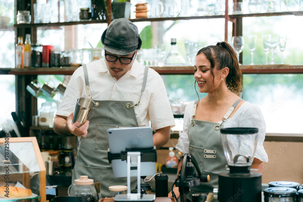 Obraz premium Cafe Excellence, Professional Baristas and Staff Serving Hot Drinks with Expertise, A Woman-Owned Eatery Providing Exceptional Service and Training, Where Passion Meets Professionalism in Every Cup