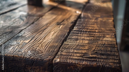 A detailed close-up shot of a weathered wooden bench, showcasing its natural texture and grain