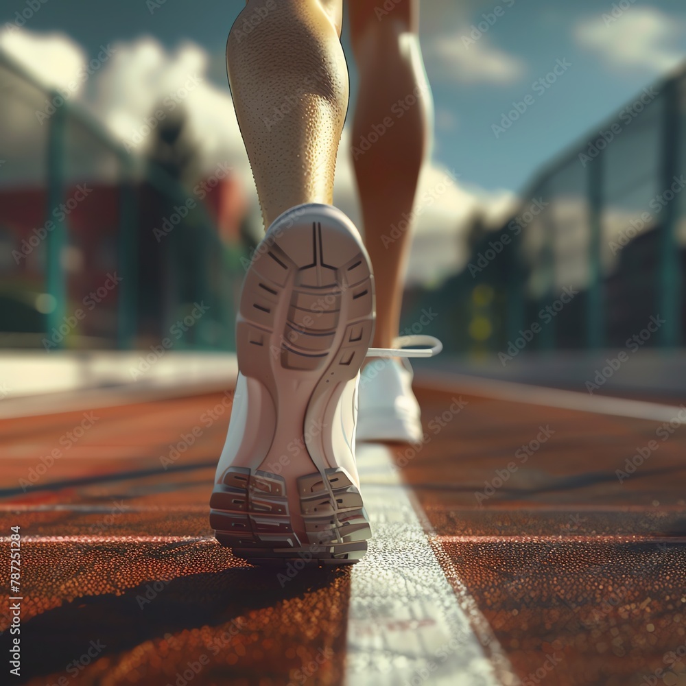 Fototapeta premium Illustrate the essence of online running from a unique low-angle perspective, blending photorealistic details with a touch of surrealism using CG 3D rendering techniques