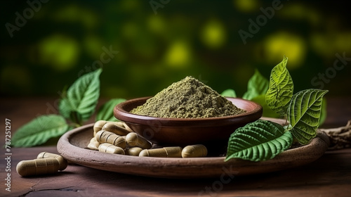 Mitragyna speciosa (kratom) leaves with medicinal products in the form of capsules and the powder in a wooden cup with the wood texture as the background	