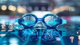 Close-up of blue swim goggles with water droplets, placed on a table